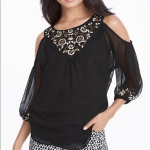 WHBM Black Embroidered  Cold-Shoulder Blouse